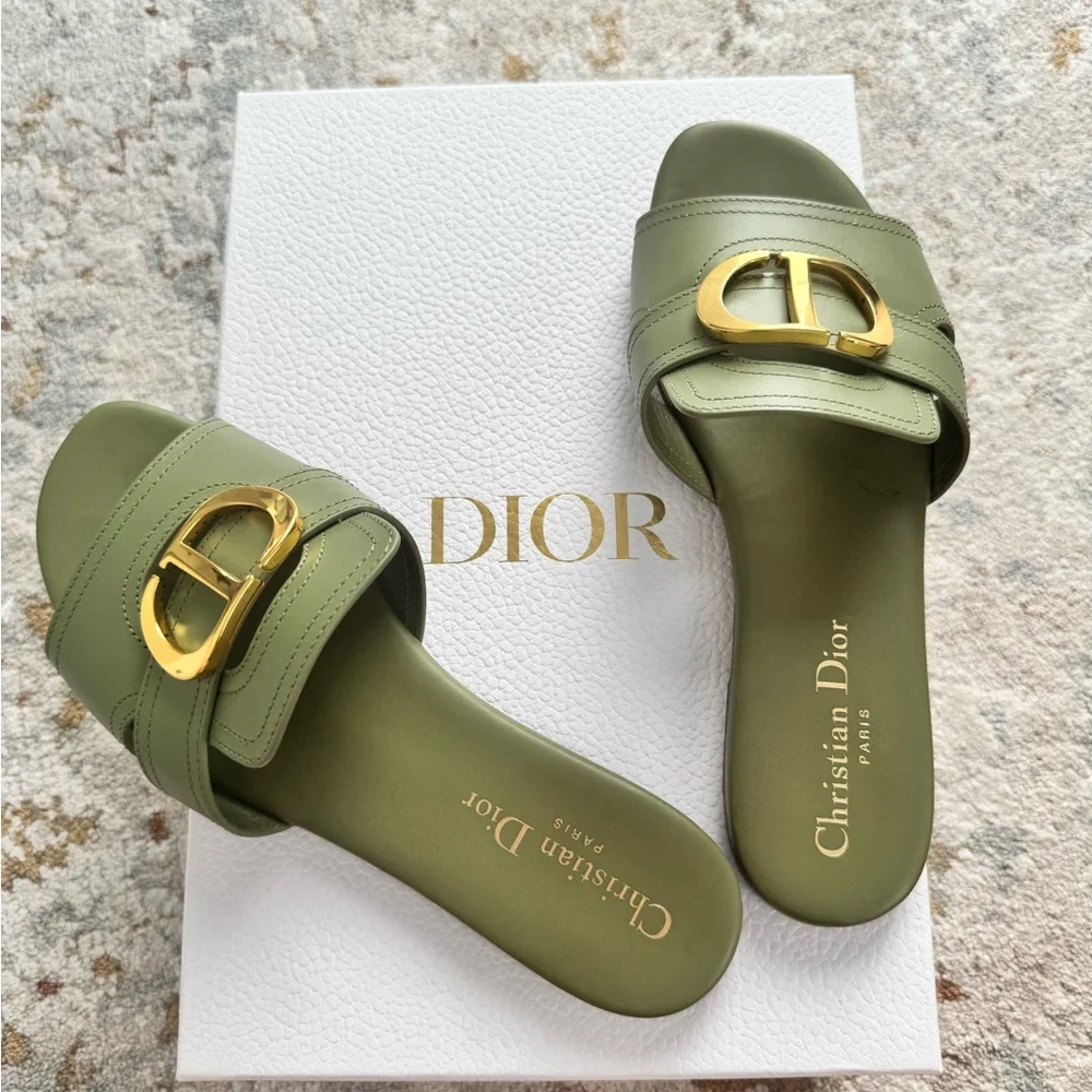 Dior - Montaigne Olive Green Slide Sandals with Gold Buckle - Picture 5 of 6